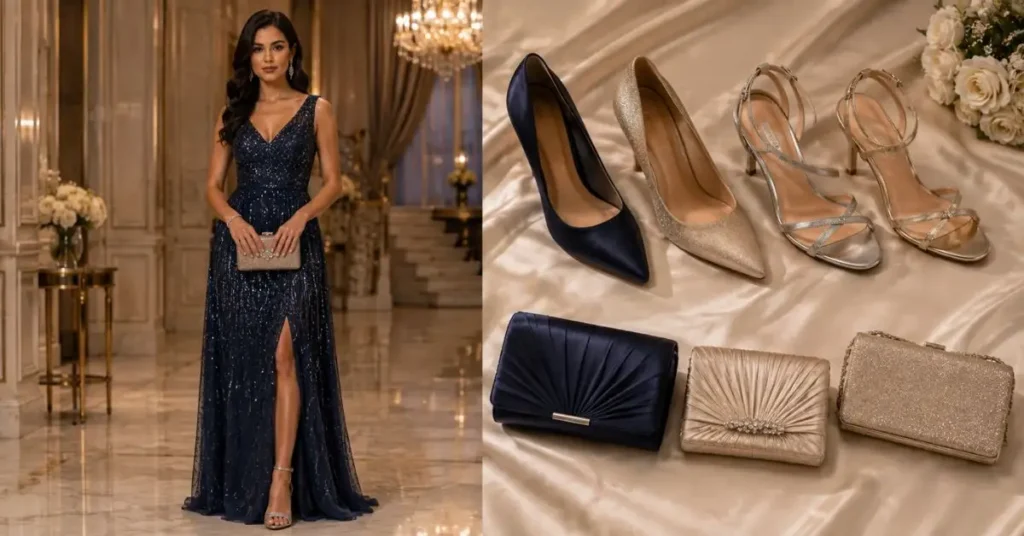 Elegant woman in a navy gala gown with a full face visible, holding a metallic clutch, alongside pointed pumps, strappy heels, and stylish evening bags.