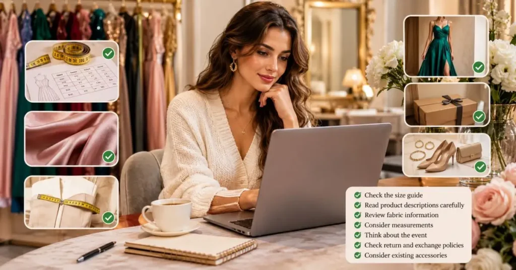 Woman shopping for Lulus dresses online on a laptop while comparing sizes, fabrics, measurements, accessories, and return options.