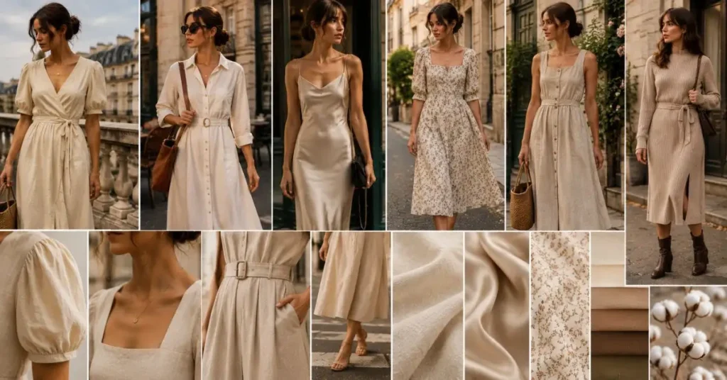 Elegant collage showcasing trending Parisian Style Dresses for 2026 with puff sleeves, square necklines, belted waists, relaxed midi silhouettes, satin and linen fabrics, delicate floral prints, neutral earth-tone colors, and timeless French-inspired fashion details.