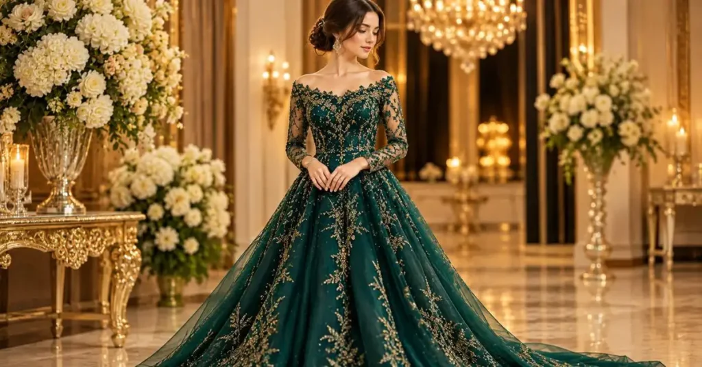 Woman wearing an elegant emerald green embellished gala gown in a luxurious ballroom with chandeliers, gold decor, and floral arrangements.