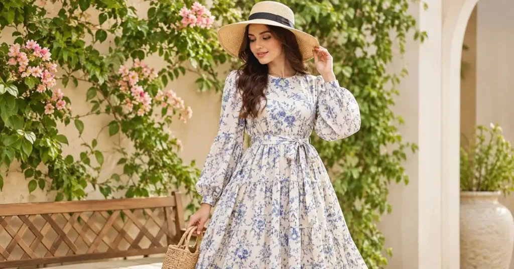 Modest summer dress with long sleeves and a floral pattern, styled for a comfortable and elegant warm-weather look.