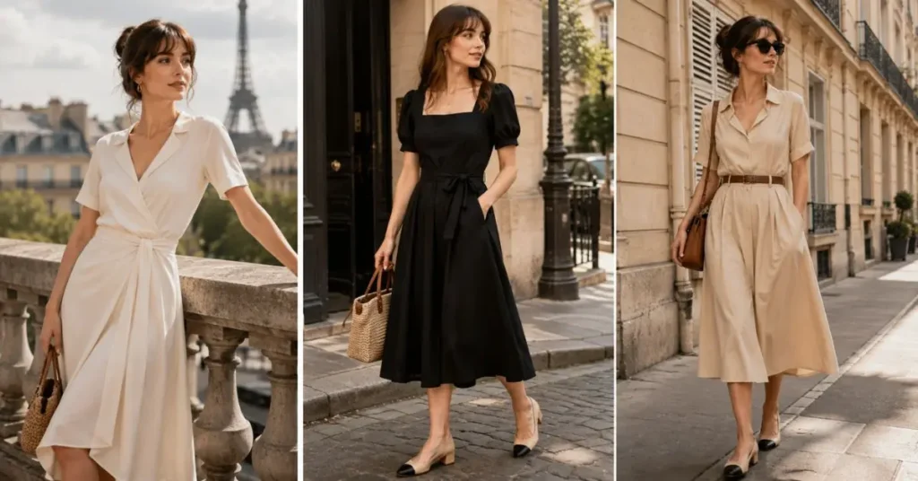 Three elegant women wearing Parisian style dresses in a stylish collage, featuring timeless French fashion with neutral colors, minimalist silhouettes, high-quality fabrics, and chic accessories against classic Paris street backgrounds.