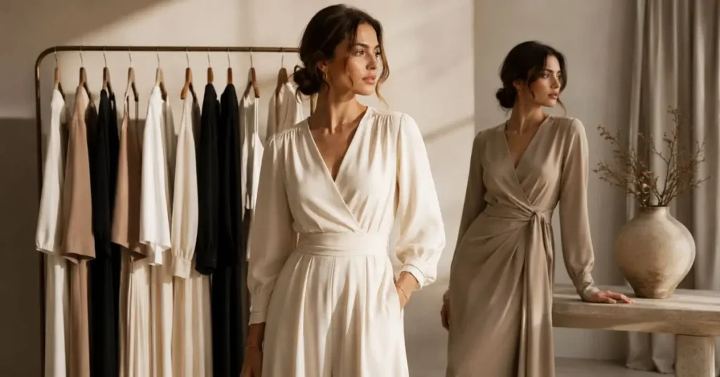 Quiet luxury dresses in neutral tones featuring timeless silhouettes and understated elegant styling.
