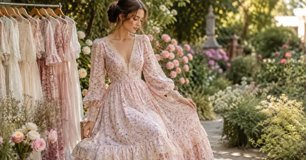 Romantic style dress in a soft floral print with lace details, flowing silhouette, and feminine design in a peaceful garden setting.
