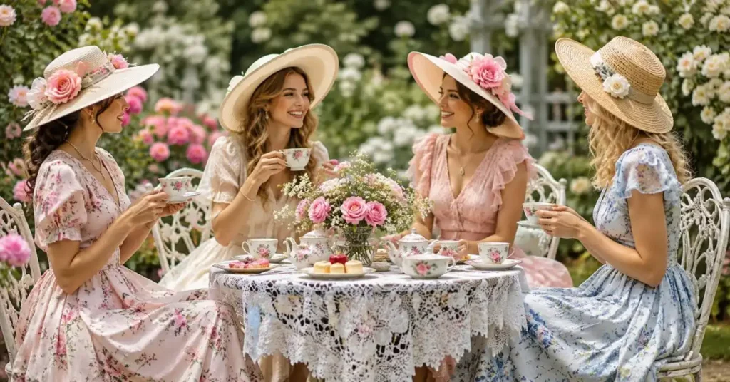 Elegant women wearing floral and pastel tea party dresses while enjoying afternoon tea in a blooming garden with vintage teacups, lace tablecloth, and romantic spring décor.
