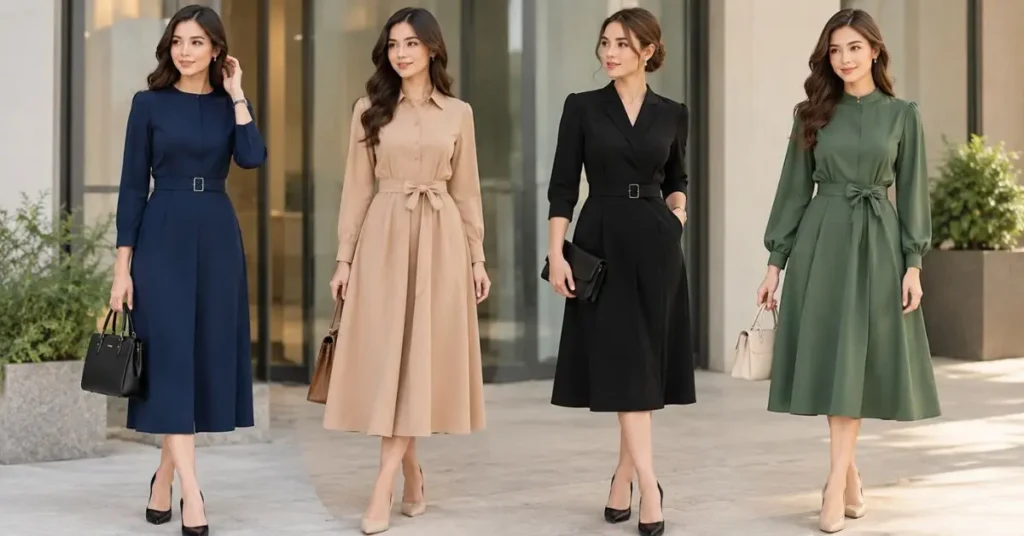 Four women wearing stylish and professional work dresses in navy, beige, black, and olive green.