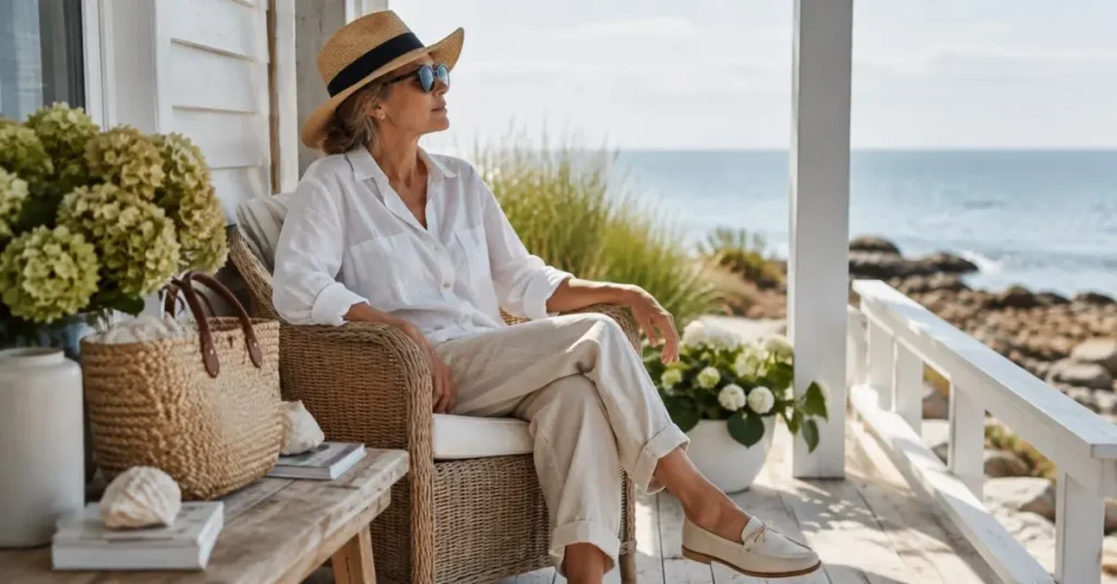 What Is a Coastal Grandmother Outfit? Elegant woman wearing a white linen shirt and neutral pants while relaxing on a coastal porch, showcasing a timeless Coastal Grandmother outfit with minimalist seaside style.
