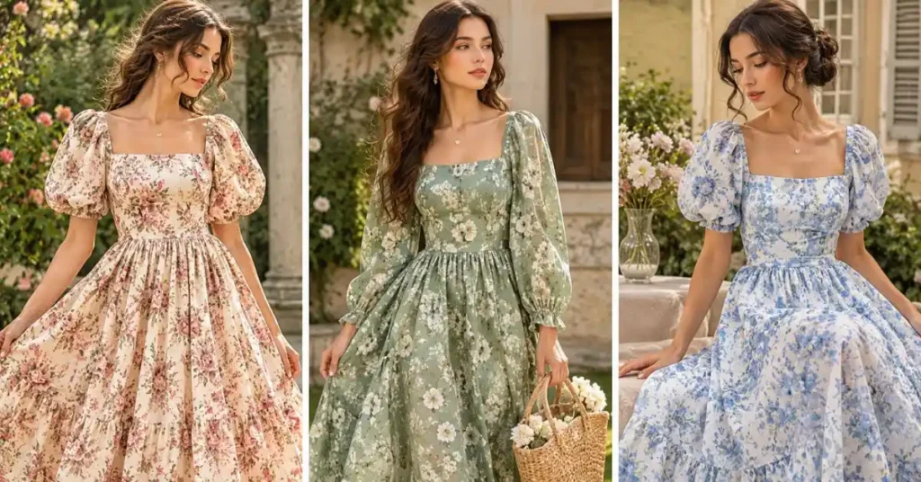 Three women wearing romantic floral Doen dresses with puff sleeves, fitted waists, and flowing skirts in elegant garden settings.