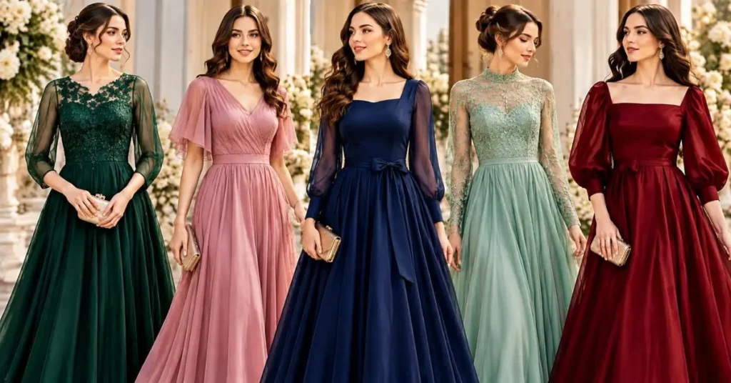 Elegant program dress styles for women in different colors, suitable for formal ceremonies, academic events, and special occasions.