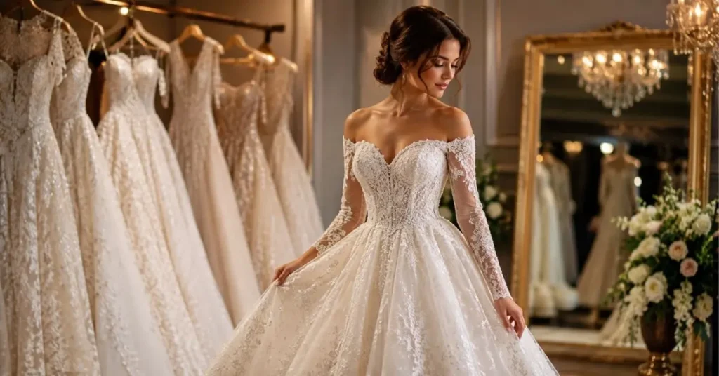 Elegant ivory wedding gown with lace sleeves and intricate beading displayed on a bride in a luxurious bridal boutique.