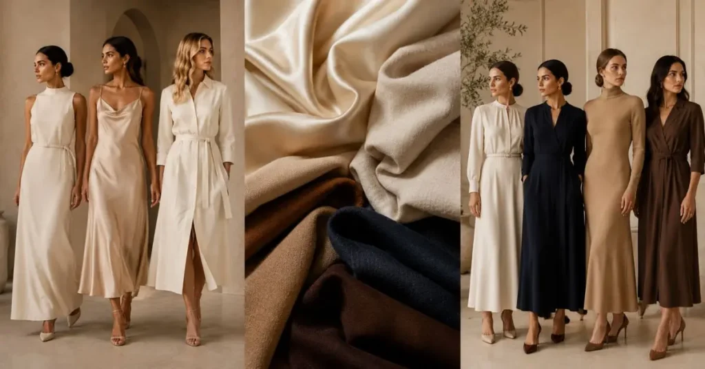 What makes a dress look quietly luxurious through timeless silhouettes, refined fabrics, and sophisticated neutral colors.