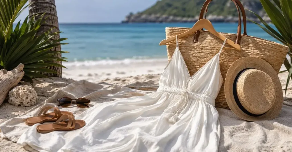 White beach vacation dress with straw hat, tote bag, sandals, and sunglasses on a sunny tropical beach.