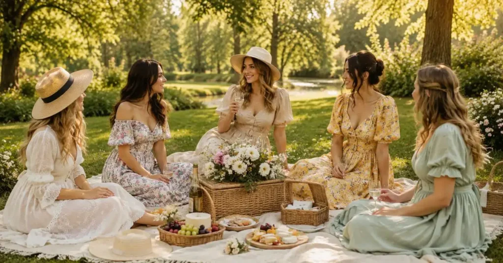 Women wearing elegant picnic outfits in breathable floral and pastel dresses, enjoying a stylish outdoor picnic with wicker baskets, fresh flowers, and natural greenery in a sunny park.