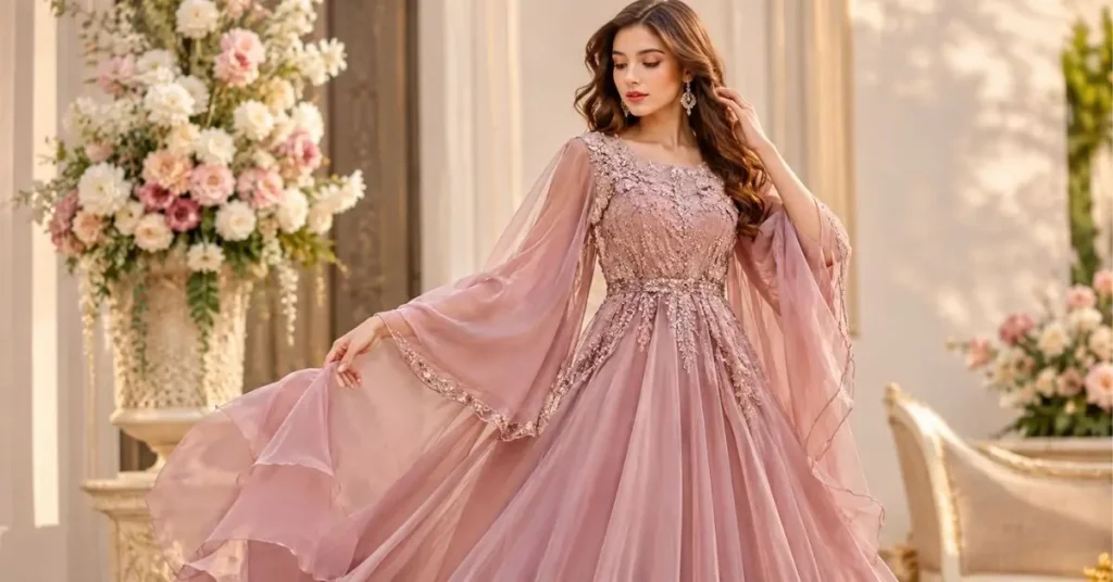 Elegant pink chiffon fancy dress with flowing layers and delicate embroidery in a luxurious setting.