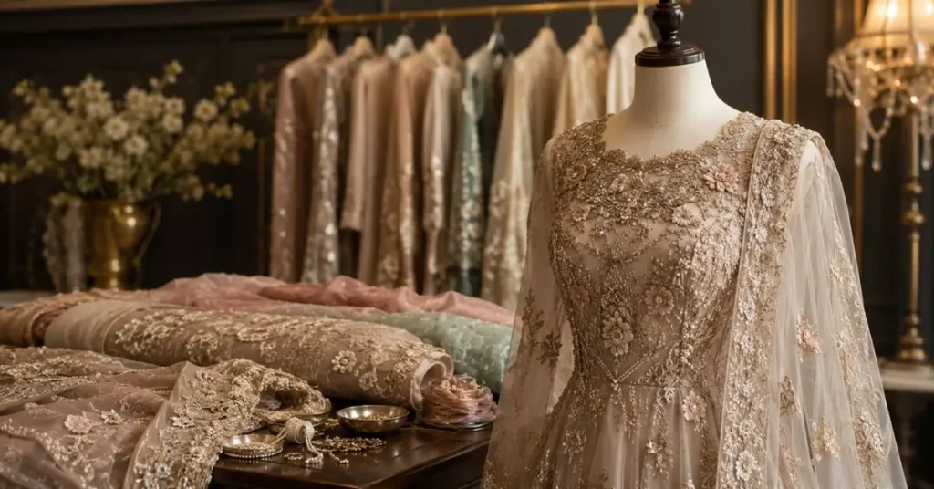 Elegant net dress with intricate embroidery and soft layered fabric in a luxury boutique setting.
