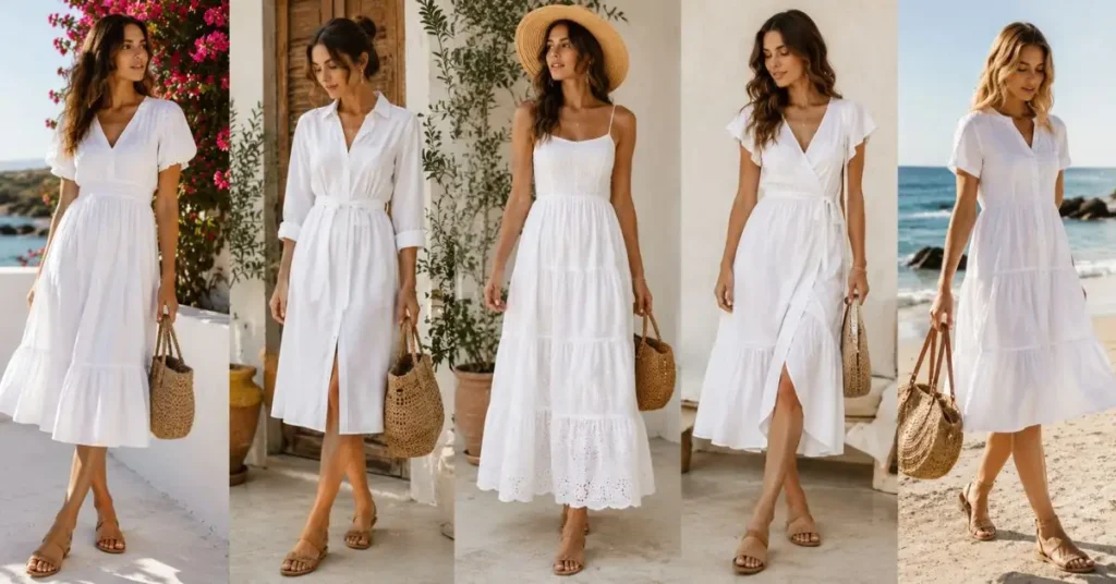 White cotton dress ideas showing versatile summer styles in comfortable, breathable silhouettes with elegant accessories.