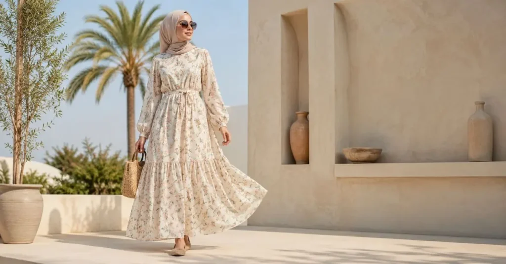 Modest summer dress for warm weather with a lightweight floral maxi dress, long sleeves, and airy styling.