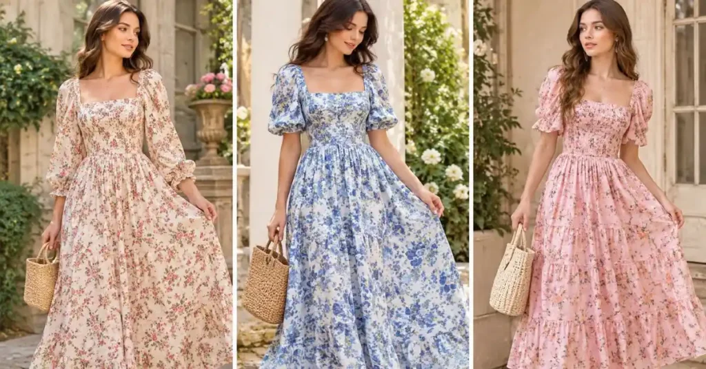 Romantic triptych showing three women wearing floral, vintage-inspired dresses in soft garden settings, highlighting the feminine, versatile, and comfortable appeal of the Doen dress style.