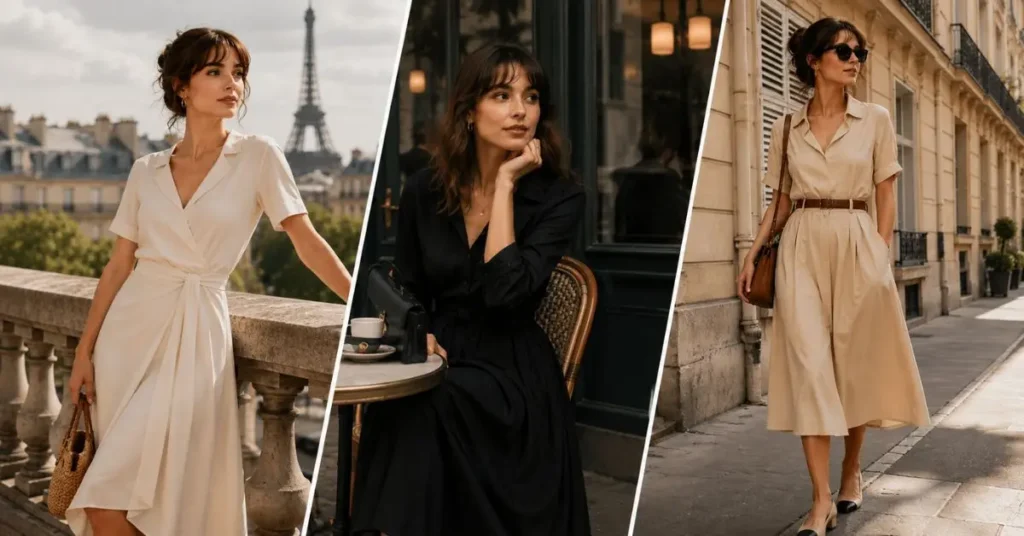 Three women wearing timeless Parisian style dresses in neutral colors, showcasing elegant French fashion with minimalist silhouettes, premium fabrics, classic accessories, and sophisticated Paris street settings.
