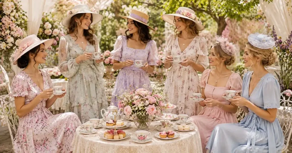 Elegant women wearing pastel floral tea party dresses, enjoying afternoon tea in a beautiful garden with lace table settings, blooming flowers, vintage teacups, and a refined springtime atmosphere.