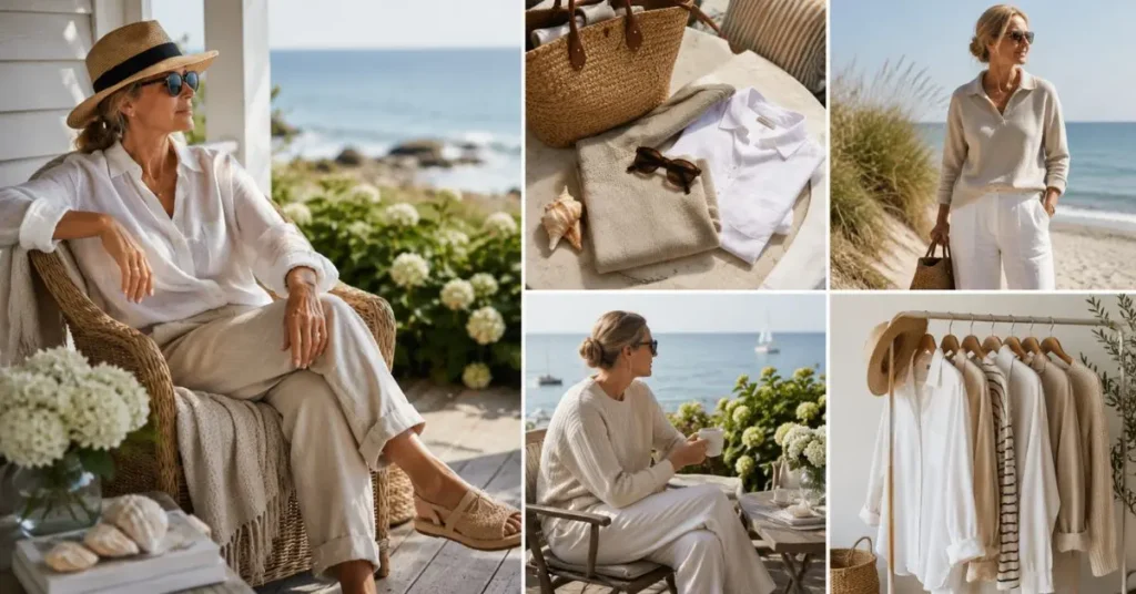Elegant coastal-inspired wardrobe featuring neutral linen outfits, timeless essentials, woven accessories, and relaxed seaside styling that reflects comfort, simplicity, and effortless sophistication.