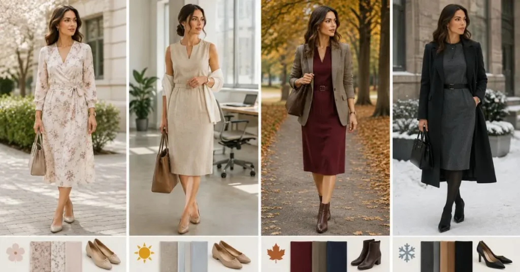 Four-season office fashion collage showing a woman in professional work dresses styled for spring, summer, fall, and winter with seasonal fabrics, layers, shoes, and accessories.