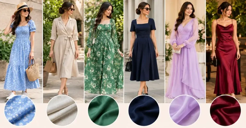 Choosing the right fabric for inexpensive dresses, featuring women wearing cotton, linen, viscose, polyester, chiffon, and satin styles.