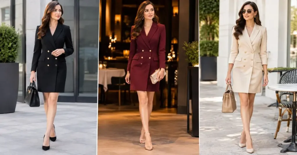 Elegant women wearing tailored suit dresses in black, burgundy, and cream, showcasing versatile styles for professional, dinner, and smart-casual occasions.