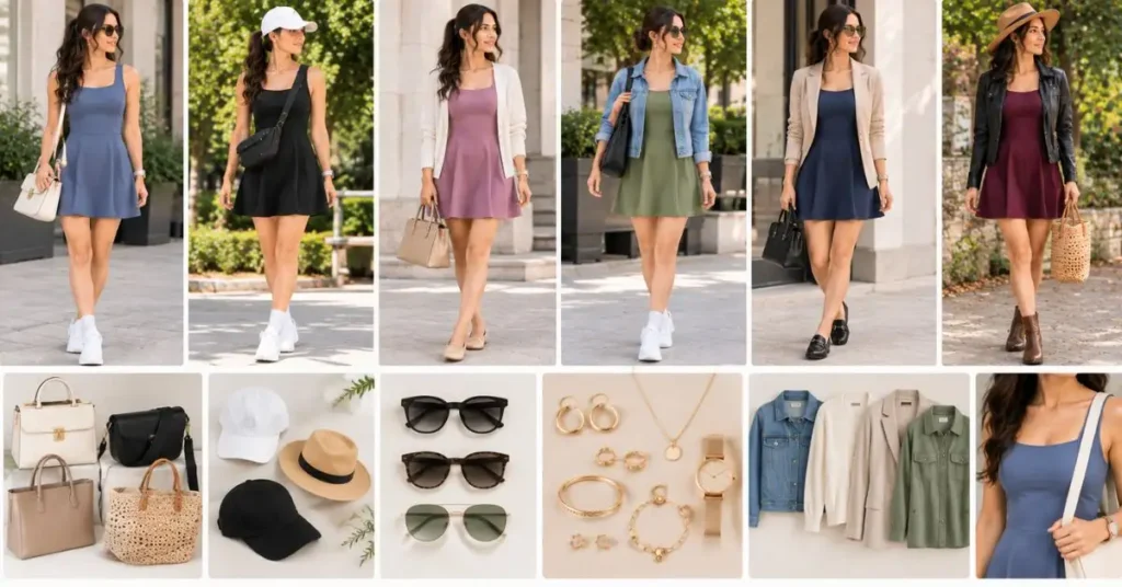 Accessories for completing a Halara dress look, including handbags, caps, sunglasses, jewelry, watches, denim jackets, cardigans, and blazers.