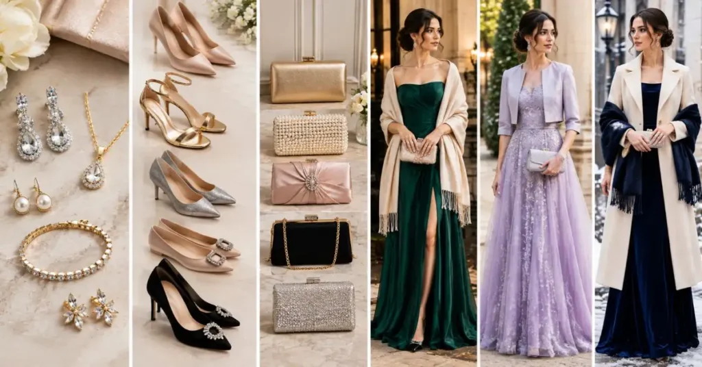 Elegant accessories styled with Mac Duggal dresses, including jewelry, heels, clutches, shawls, wraps, and tailored outer layers.