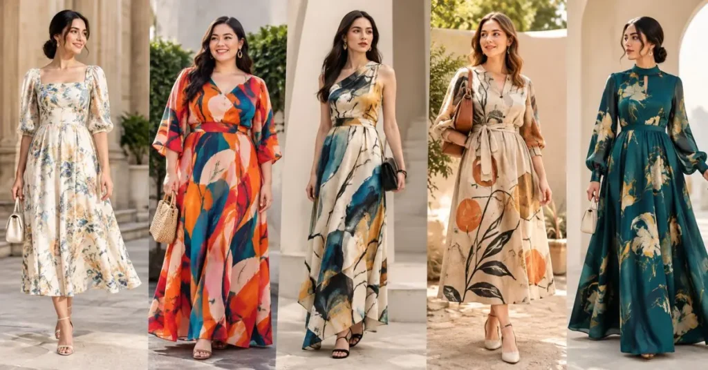 Are arty dresses suitable for everyone? Woman wearing a creative artistic dress that suits different styles, body shapes, and personal preferences.