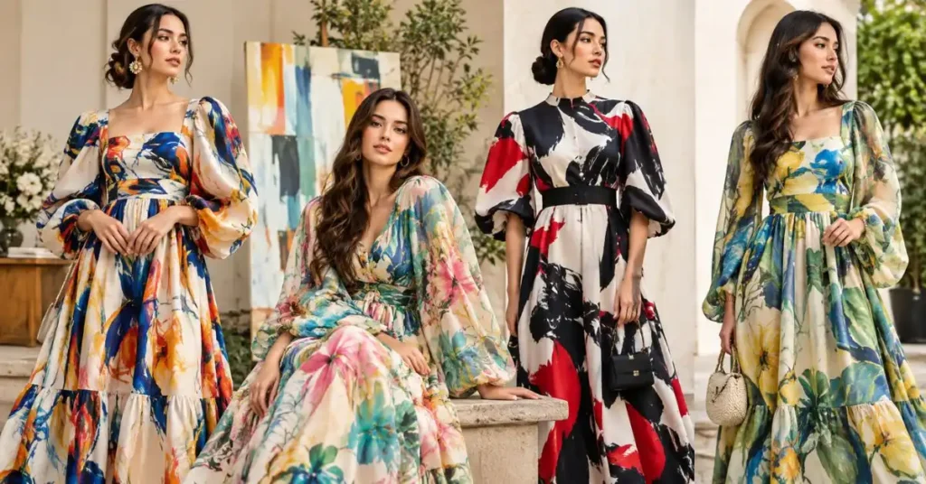 Arty dresses featuring creative prints and unique artistic designs for expressive fashion styles.