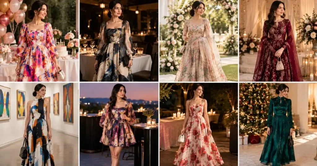 Eight women wearing artistic dresses styled for different occasions, including birthday, dinner, wedding, engagement, art exhibition, cocktail party, date night, and festive holiday setting.