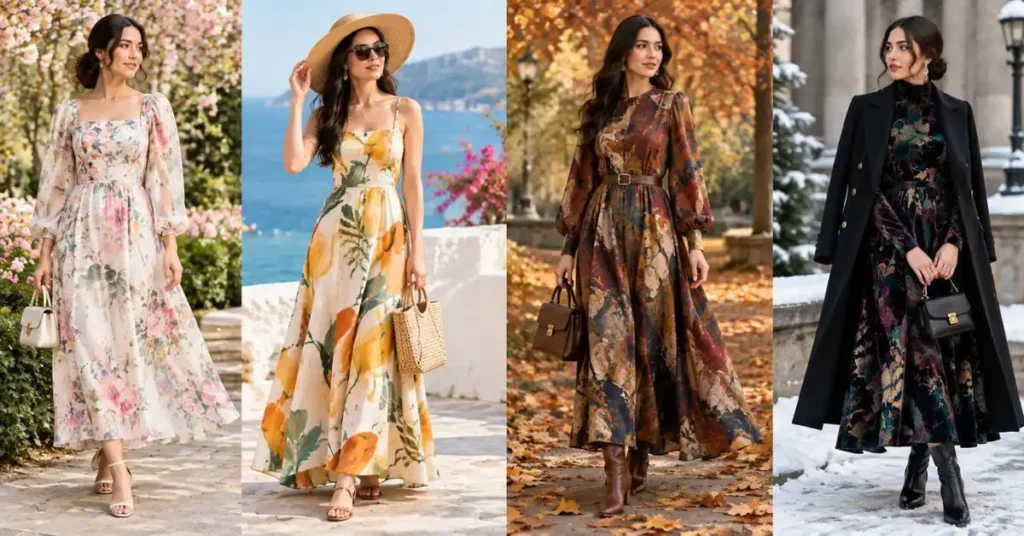 Four women wearing artistic dresses styled for each season light floral for spring, airy printed dress for summer, warm-toned dress for autumn, and layered dark elegant outfit for winter.