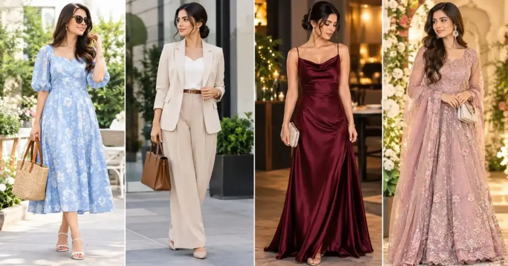 Best classy dresses for ladies for different occasions, featuring elegant daytime, professional, evening, and wedding styles.