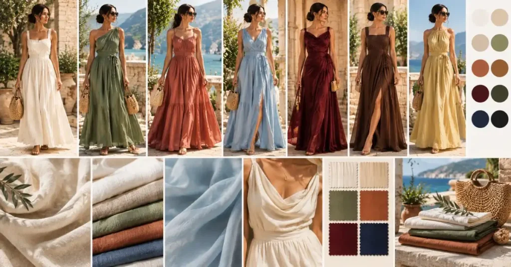 A wide, sunlit collage featuring Roman-inspired summer dresses in breathable fabrics like linen, cotton, and lightweight materials, styled in soft neutrals and earthy tones alongside deeper shades such as olive, burgundy, and navy, with flowing silhouettes, fabric textures, and Mediterranean-inspired elements.