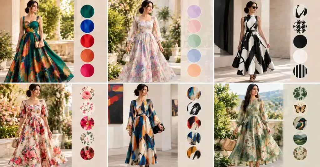 Six women wearing artistic dresses showcasing bold colors, soft pastels, monochrome designs, floral prints, abstract patterns, and nature-inspired motifs.