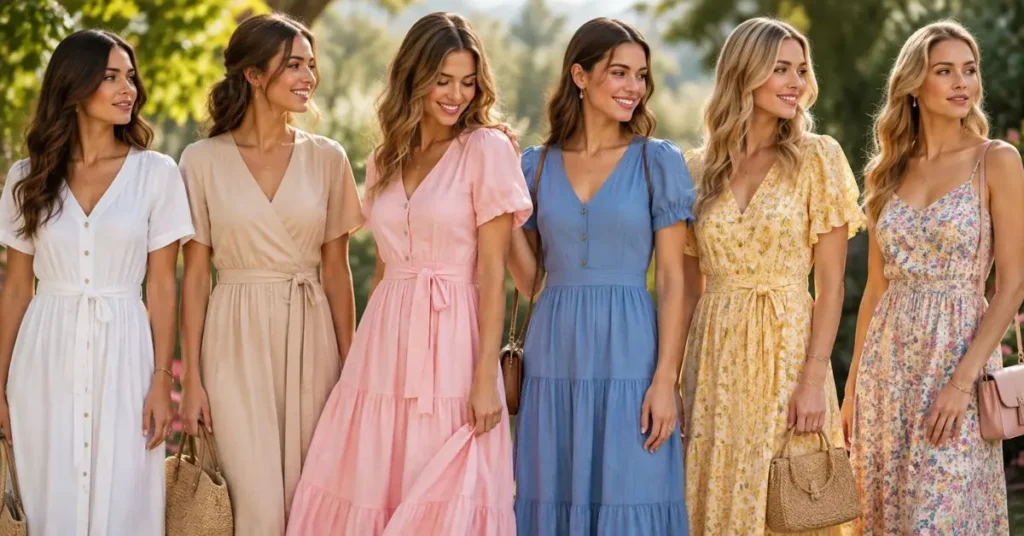 Six women wearing white, beige, pink, blue, yellow floral, and pastel floral daytime dresses in a sunny garden setting.