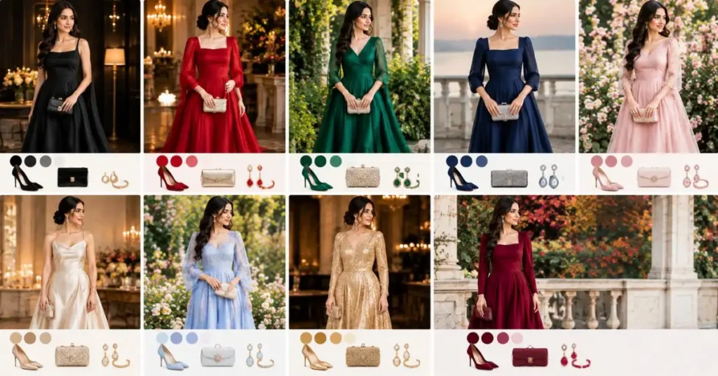Elegant celebration dresses in black, red, emerald green, navy blue, pink, champagne, pastel, gold, and burgundy shades, styled with matching accessories.