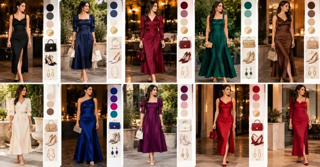 Best colors for dinner dresses, featuring elegant women in black, navy, burgundy, emerald green, chocolate brown, cream, sapphire, plum, and red evening styles.