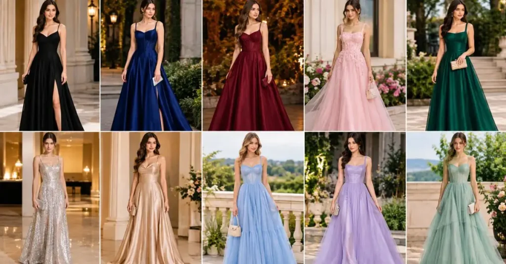 Best Colors for Homecoming featuring elegant black, navy, burgundy, pink, emerald, silver, champagne, and pastel formal gowns.