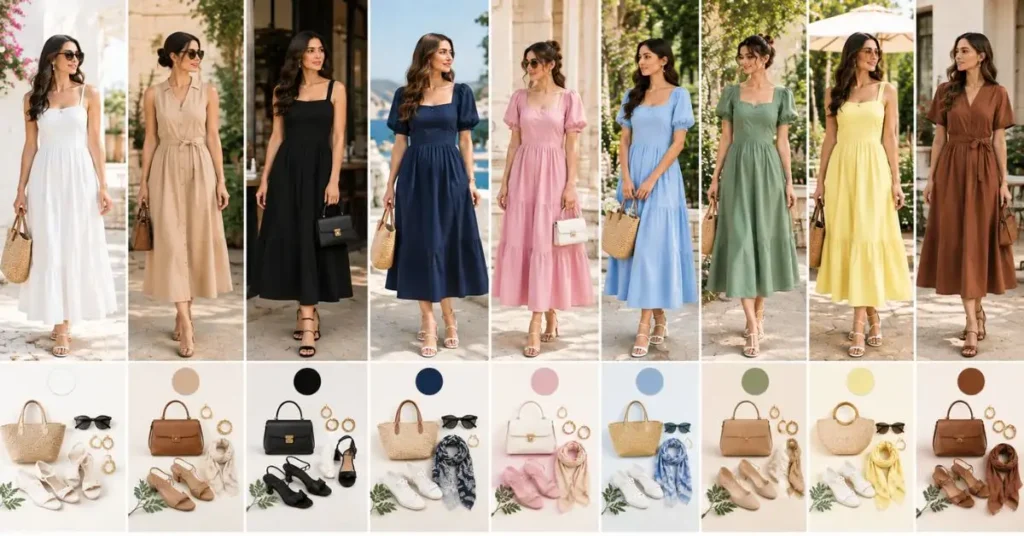 Best colors for plain summer dresses, featuring white, beige, black, navy, pastel pink, blue, sage green, yellow, and warm brown styles.