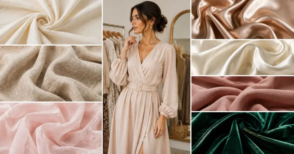 Best fabrics for a chic look, featuring cotton, linen, chiffon, satin, silk, crepe, and velvet fabrics styled for elegant women’s outfits.