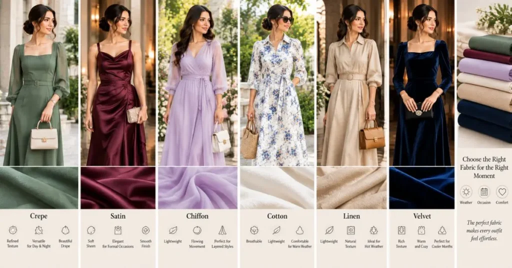 Best fabrics for a refined appearance, featuring elegant crepe, satin, chiffon, cotton, linen, and velvet styles.