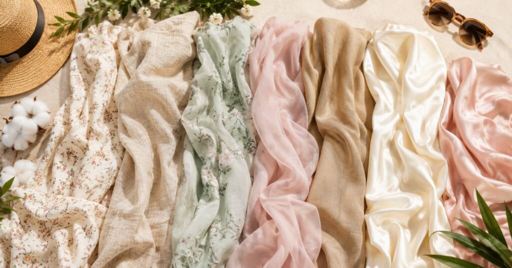 A selection of lightweight daytime dress fabrics, including cotton, linen, lawn, chiffon, rayon, and silk blends, arranged with summer fashion accessories.