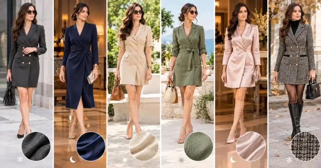 Elegant women wearing tailored suit dresses in wool blend, crepe, cotton, linen, satin, and tweed fabrics, showcasing suitable textures and styles for professional, daytime, evening, and cooler-season occasions.