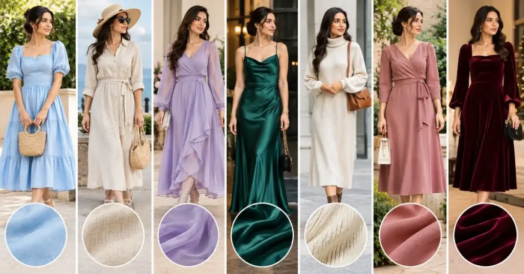 Best fabrics for different seasons, including cotton, linen, chiffon, satin, knit, crepe, and velvet outfits