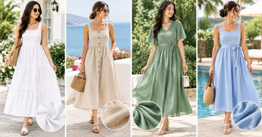 Best fabrics for plain summer dresses, featuring lightweight cotton, linen, rayon, viscose, and blended fabrics in comfortable warm-weather styles.