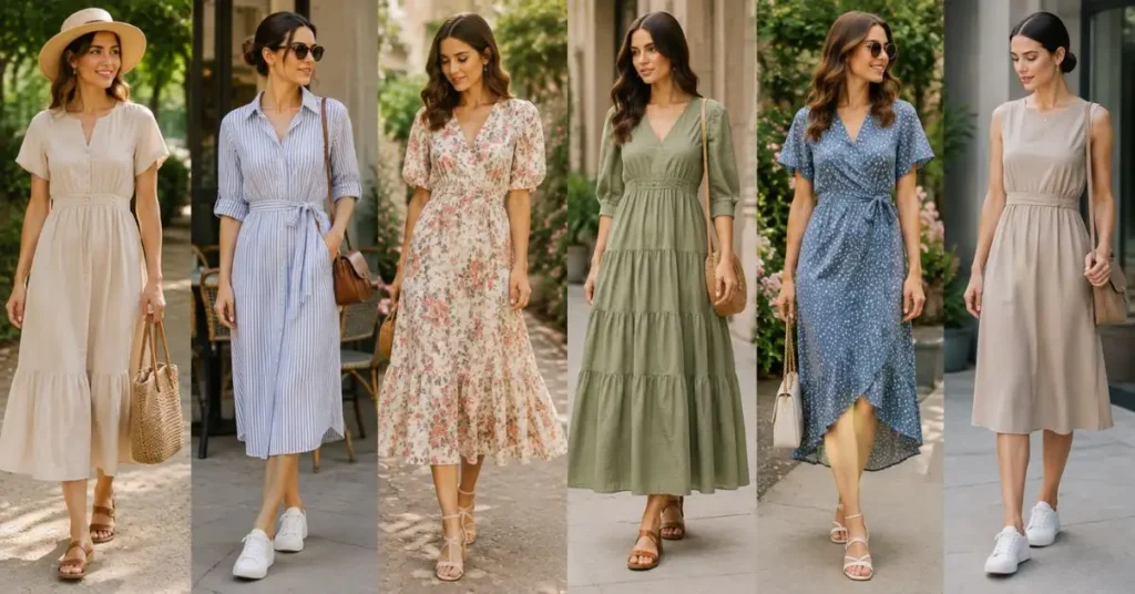 Best styles of daytime dresses including cotton, shirt, floral, midi, maxi, wrap, and minimalist designs.