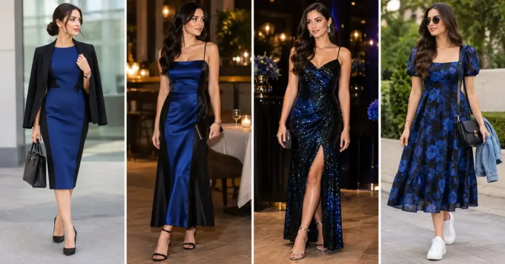 Blue and black dresses styled for different occasions, featuring a professional work outfit with a blazer, an elegant dinner look with a sleek satin dress, a glamorous sequined party gown, and a relaxed casual dress paired with sneakers and a jacket